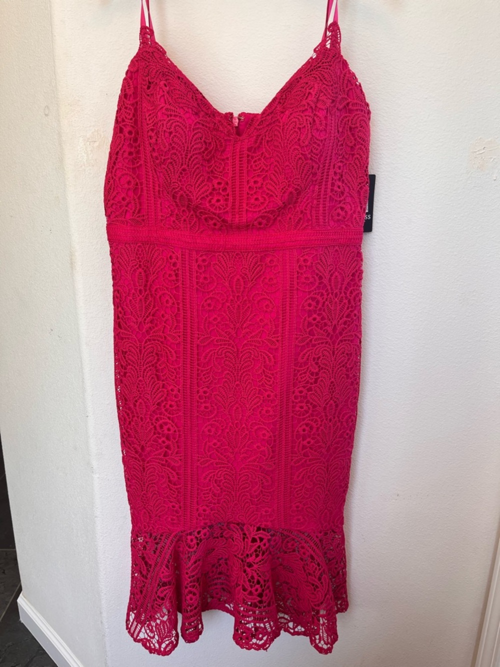 Guess Hot Pink Lace Spaghetti-Strap Midi Dress with Ruffle Hem